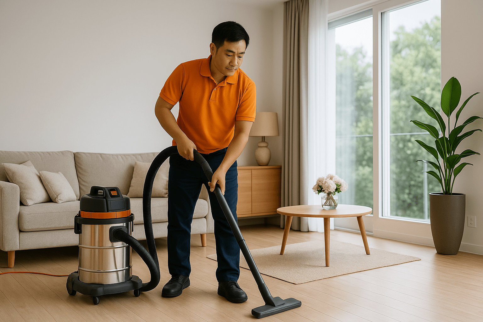 Nhân viên đang dọn dẹp và thực hiện vệ sinh nhà ở