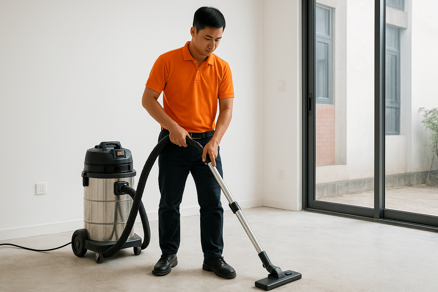 Nhân viên vệ sinh công nghiệp hút bụi sàn sau xây dựng